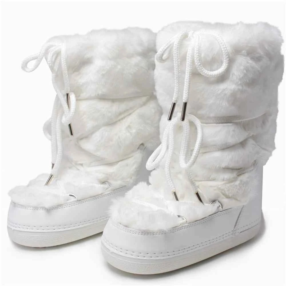 Fluffy Fur Boots 2025 Winter Fashion Sexy Faux Fox Fur Snow Boots Ladies Furry Warm Cotton Boots Female Outdoor Ski Boots