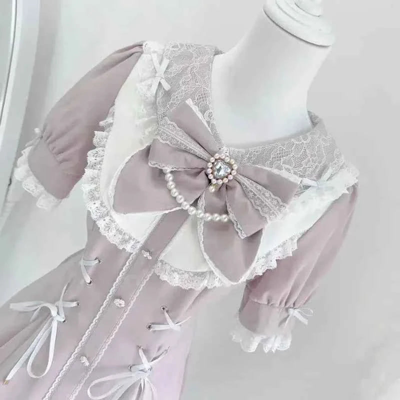 Y2k Aesthetic Lolita Style Bow Dress Shorts Set Japanese Women Gothic Lace Flare Sleeve Button Shirt Dress Punk Party Mini Dress