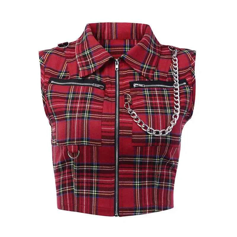 Women T-shirt Plaid Punk Streetwear Zipper Chain Plaid Female Goth Retro Hi Hop Camis Top Gothic Chic Sexy Crop Tops