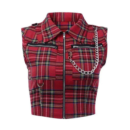 Women T-shirt Plaid Punk Streetwear Zipper Chain Plaid Female Goth Retro Hi Hop Camis Top Gothic Chic Sexy Crop Tops