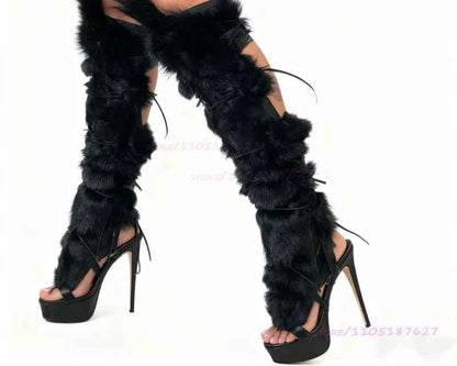 Long Plush Tassel Black Fur Sandals Women Fringe Cross Straps Boots Wrap Patchwork Thighs Sexy Platform Girls Cool Party Shoes