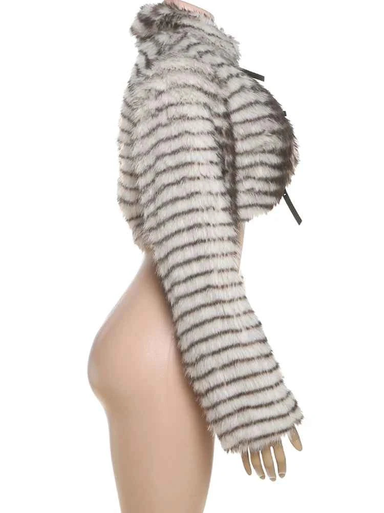 Kliou Sexy Fashion Crop Jacket Woman Autumn Trend Furry Warm Style Belt Metal Buckle Cardigan Full Sleeve High Street Jacket