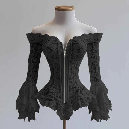 Off Shoulder Lace Blouse for Women Flare Sleeve Zipper Fly Solid Elegant Chic Sexy Hollow Out Long Sleeve Tops Irregular Hem Top