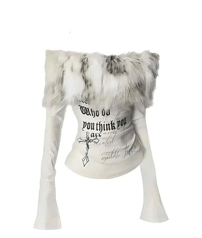 Luxury Fur Graphic Long sleeve T shirt Y2k Women Autumn Winter Off shoulder Tops 2000s Vintage Basic Blouse Tees White Shirt