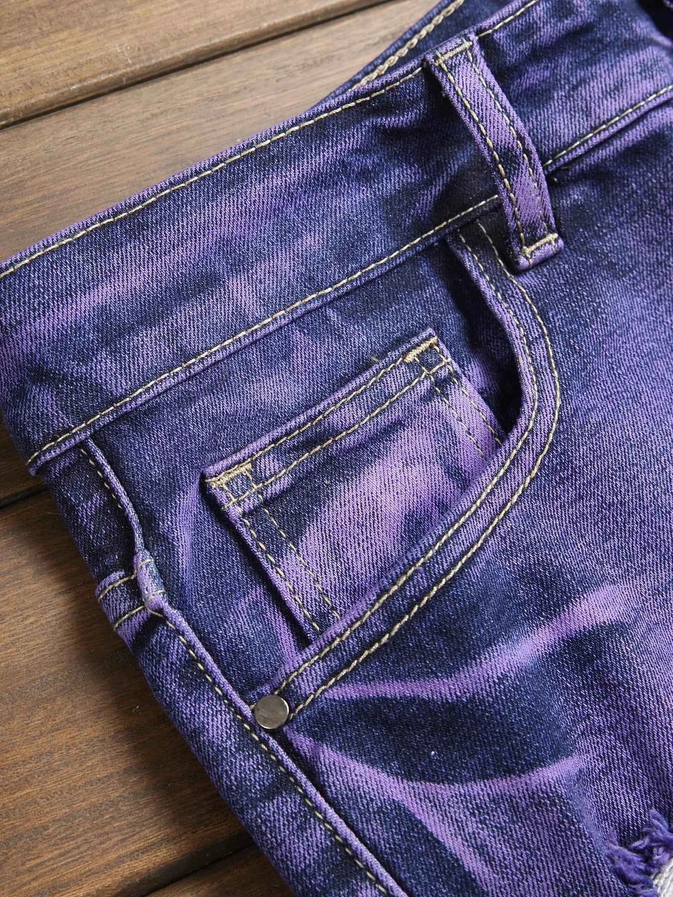 Stretch Slim Fit Jeans - Men's Mid Waist Distressed And Ripped Denim Jeans With Tassels For All Seasons Street Wear