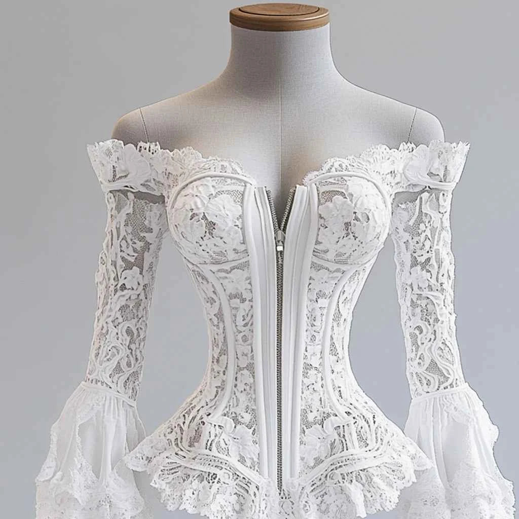 Off Shoulder Lace Blouse for Women Flare Sleeve Zipper Fly Solid Elegant Chic Sexy Hollow Out Long Sleeve Tops Irregular Hem Top