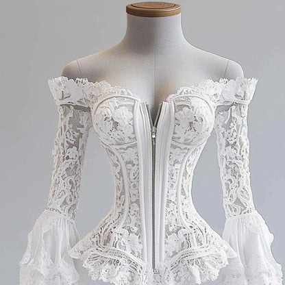 Off Shoulder Lace Blouse for Women Flare Sleeve Zipper Fly Solid Elegant Chic Sexy Hollow Out Long Sleeve Tops Irregular Hem Top