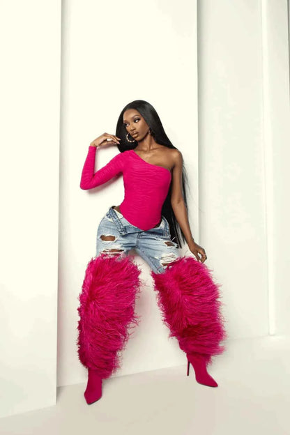 Hot Pink Feather Stiletto Heel Over-the-Knee Boots Plush Fluffy Feather Trim Bold Vibrant Hue Pointed-Toe Edgy Clubwear Looks