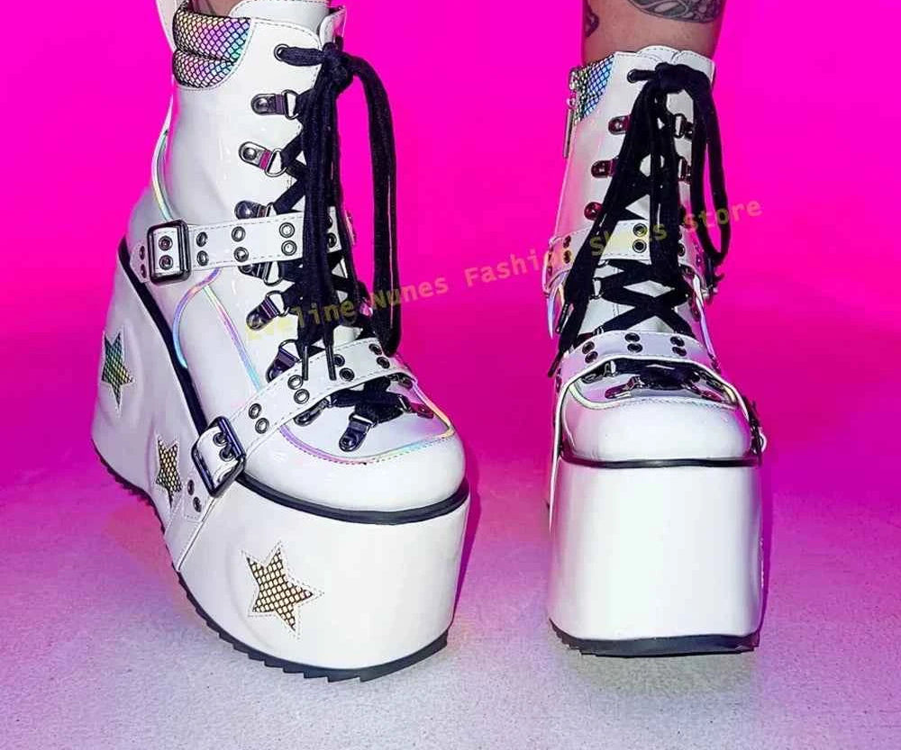 Green Spaced Out Platform Boots Round Toe Wedge Belt Buckle Lace Up Patchwork Women Cyberpunk Boots Gothic Style Y2K Shoes 2025