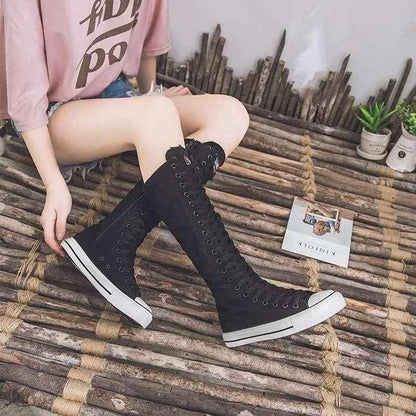 2025 New High Top Canvas Shoes for Women's Korean Edition Long Boot Lace-Up Zipper Comfortable Boot Zapatos De Mujer Tendencia