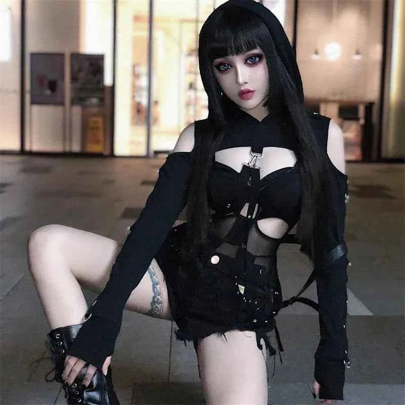 Women's Dark Gothic Crop Top Hoodie | Punk Aesthetic | MUNSIEUR