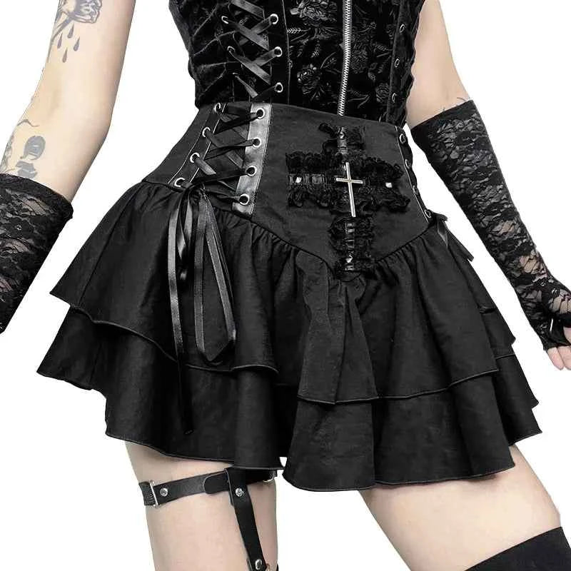 Gothic Black Lace Cross Mini Skirt Y2k Grunge Punk High Waist Pleated A-Line Skirts Vintage Women Girl Aesthetic Alt Clothes