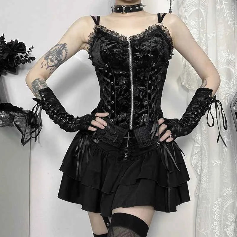 Gothic Black Lace Cross Mini Skirt Y2k Grunge Punk High Waist Pleated A-Line Skirts Vintage Women Girl Aesthetic Alt Clothes