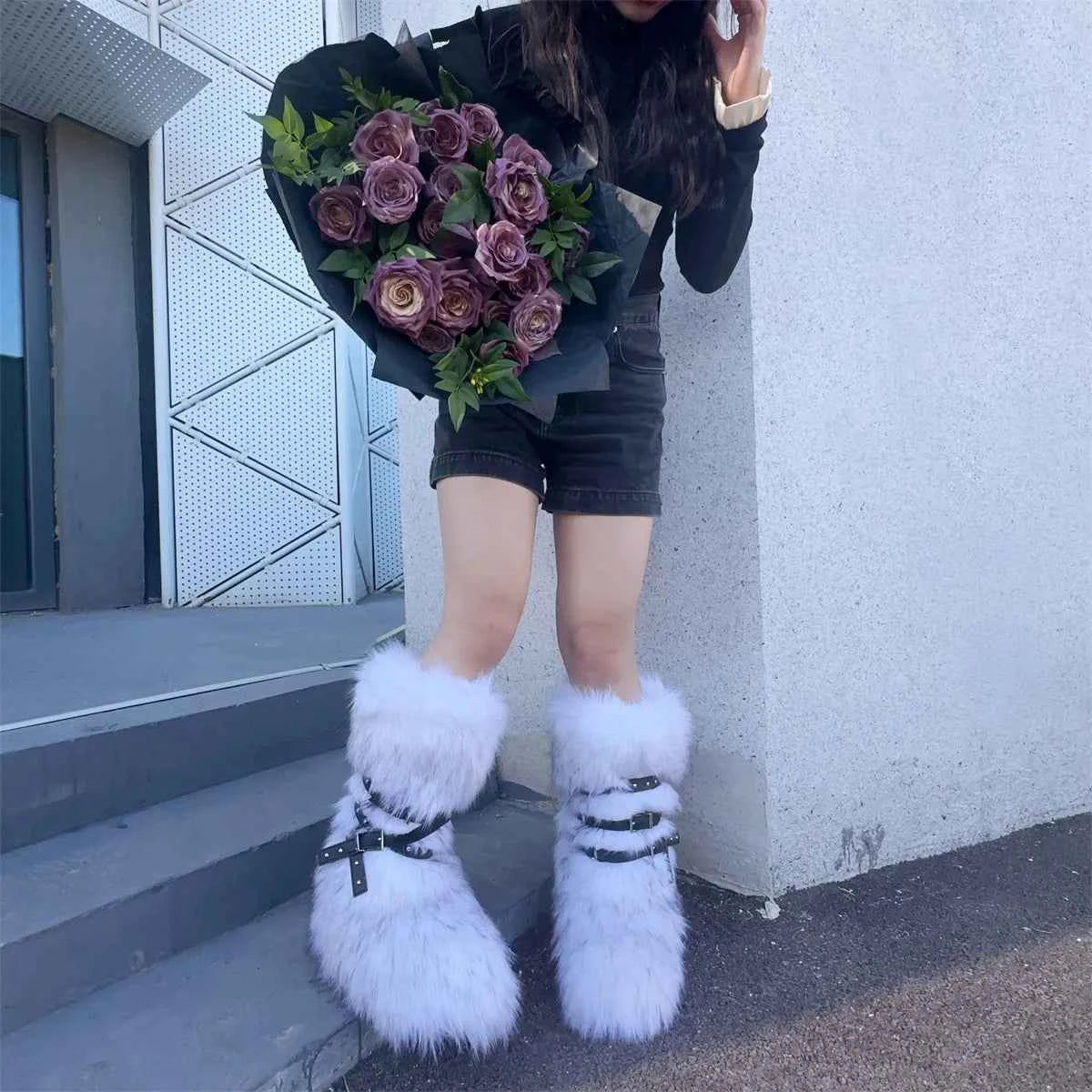 Ladies Faux Fur Knee High Wedge Platform Boots Popular Brown Spice Girl Cross Belt Buckle Winter New Snow Boots For Women