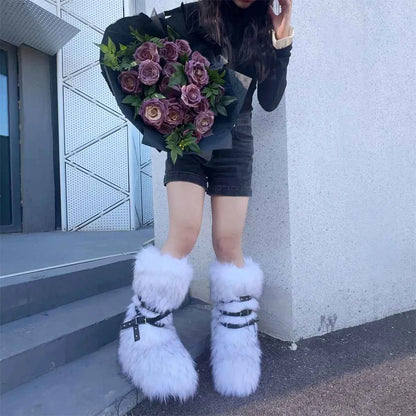 Ladies Faux Fur Knee High Wedge Platform Boots Popular Brown Spice Girl Cross Belt Buckle Winter New Snow Boots For Women