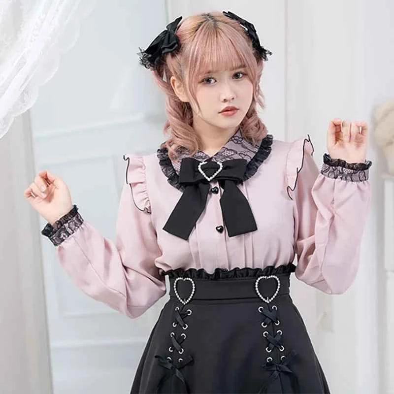 Kawaii Women Shirts Jirai Kei Lolita Y2K Cute Japanese Style Blouse Elegant Long Sleeve Sweet Tops Casual Aesthetic Shirt 2024