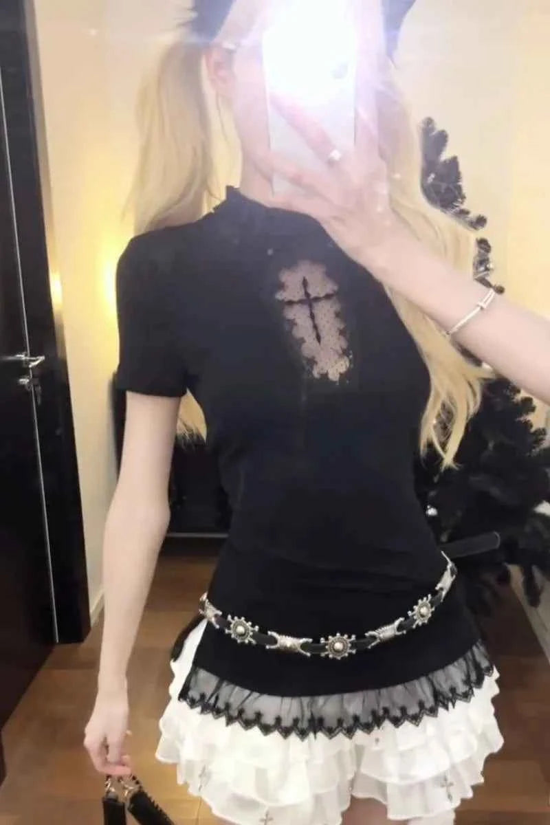 Women Cross Hollow Out T-shirt Gothic Long Sleeve Turtleneck Top Punk Alt Goth Style Clothing Black Blue Y2K Sleeveless Shirt