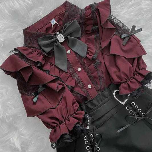 Kawaii Women Shirts Jirai Kei Lolita Y2K Cute Japanese Style Blouse Elegant Long Sleeve Sweet Tops Casual Aesthetic Shirt 2024