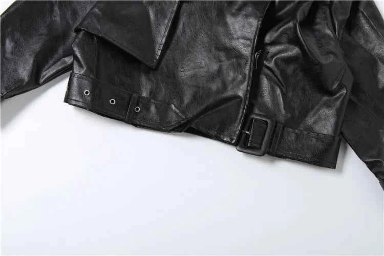 Weird Puss Luxury Crop Jacket Women PU Fall Wild Deep V-Neck Elegant Belt Buckle Zip Full Sleeve Streetwear Office Classic Coat