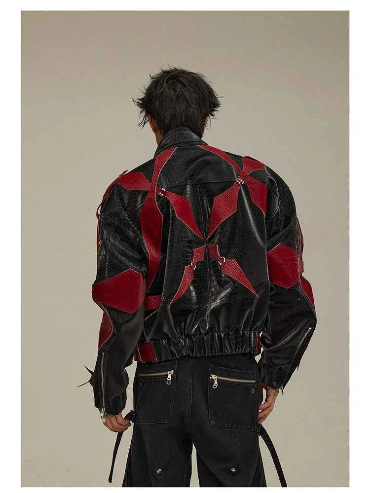 Mauroicardi Spring Autumn Cool Handsome Crocodile Print Patchwork Pu Leather Jacket Men Color Block Luxury Designer Clothes 2024