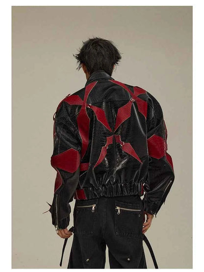 Mauroicardi Spring Autumn Cool Handsome Crocodile Print Patchwork Pu Leather Jacket Men Color Block Luxury Designer Clothes 2024