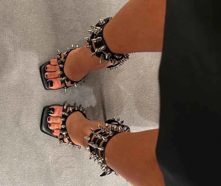 Punk Style Spikes Ankle Strap Stilettos Square Open Toe Thin High Heels Party Shoes Women's Streetwear Evening Trending Sandals
