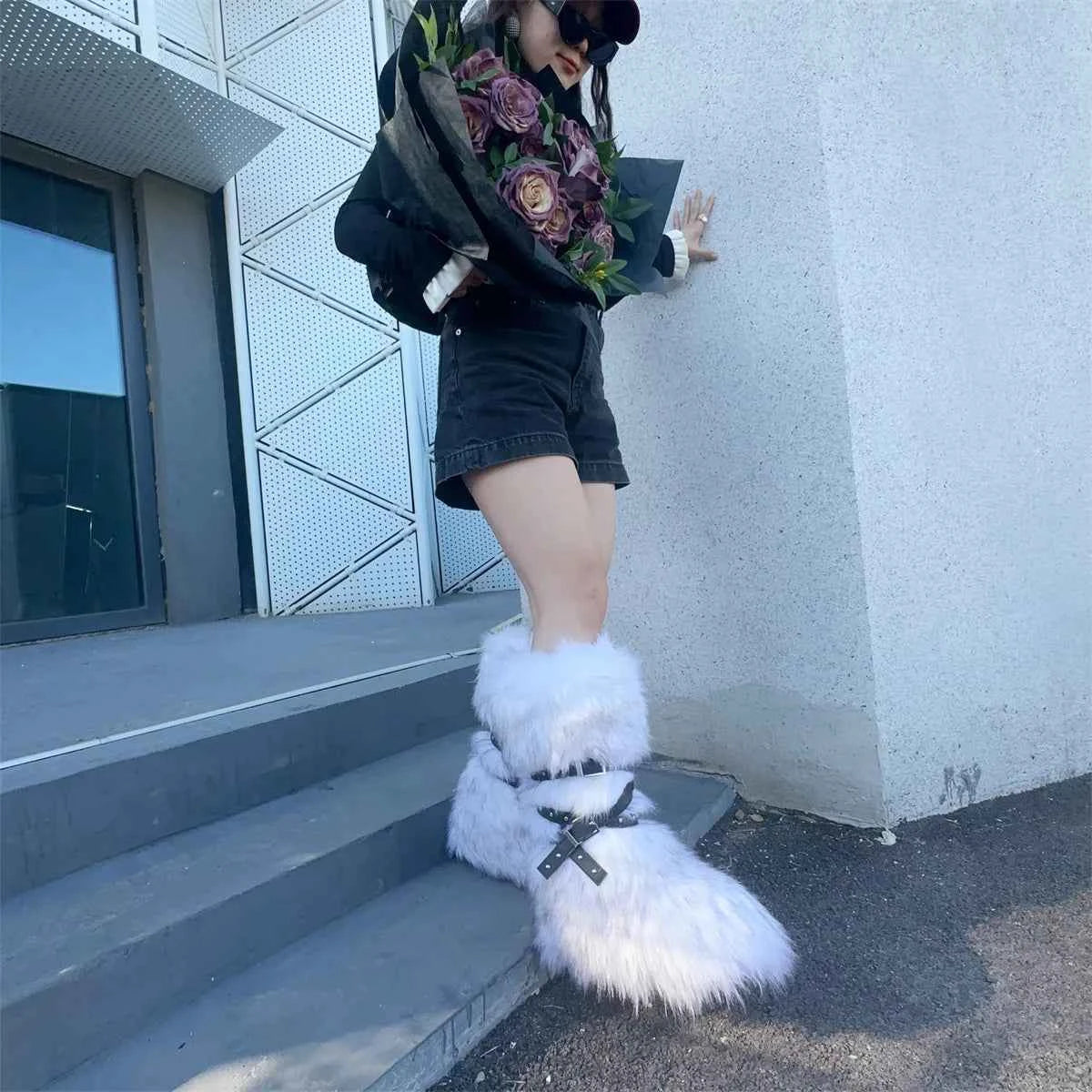 Ladies Faux Fur Knee High Wedge Platform Boots Popular Brown Spice Girl Cross Belt Buckle Winter New Snow Boots For Women