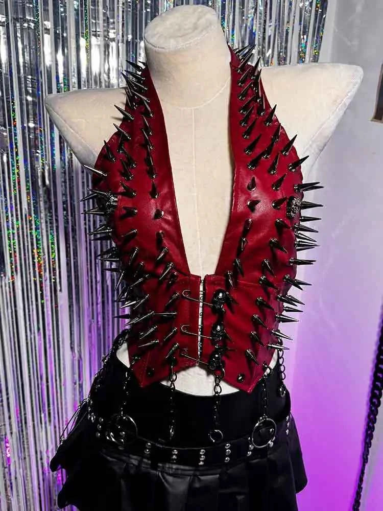 Emo Spike Studded Rivet PU Leather Halter T-shirt