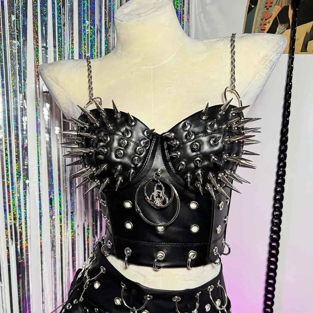 Gothic Emo Punk Woman Top with Spikes Grunge PU Leather Tank Y2K Alternative Clothing Sexy Party Club Wear T-shirt for Women