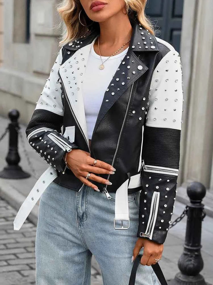 Ailegogo New Spring Autumn Women Street Rivet Black White Faux Leather Jacket Moto Biker Punk Belt Coat Outwear
