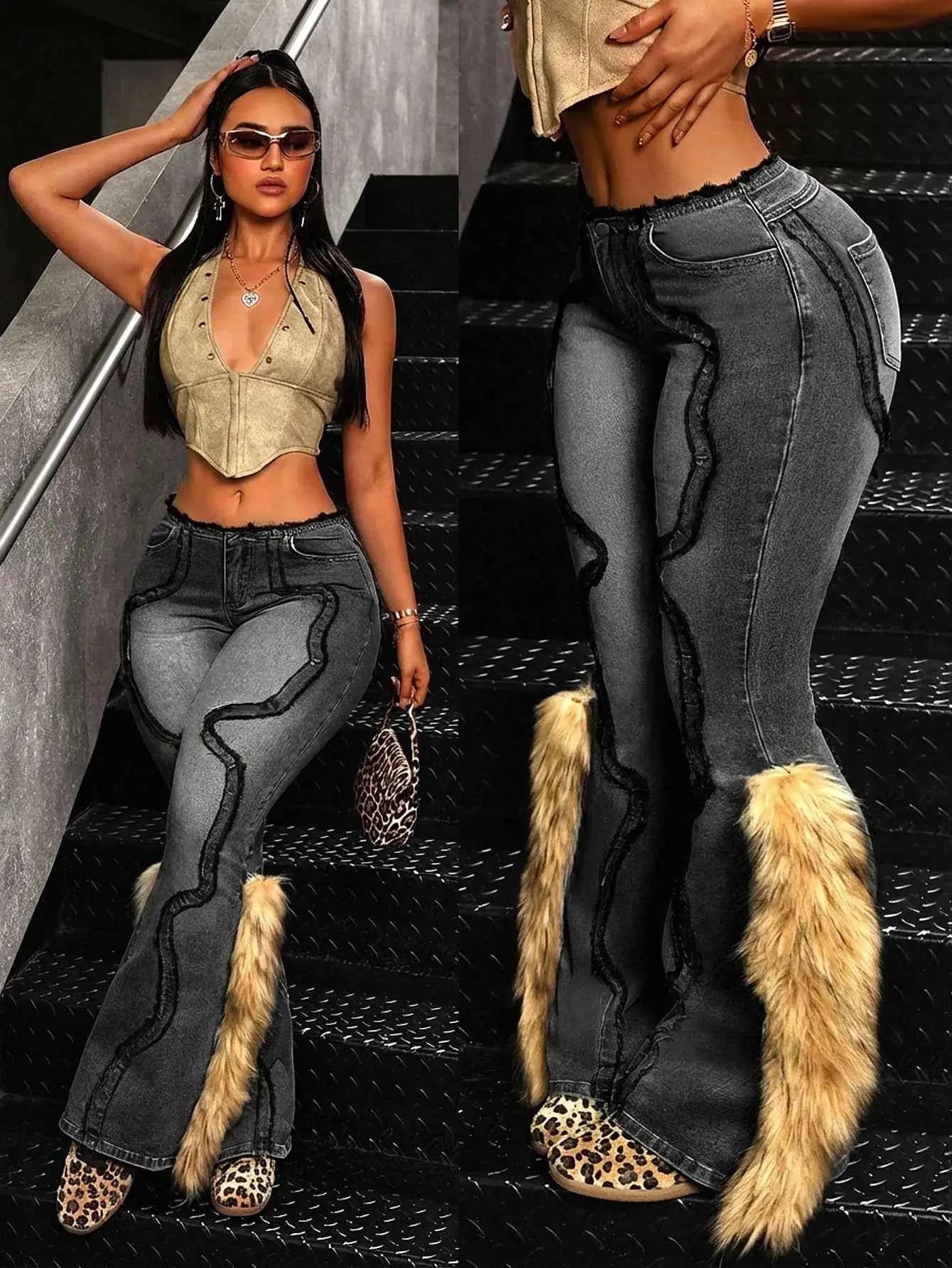 Vintage Fuzzy Patch Fur Trim Flared Denim Jeans for Women, High Waist Stretchy Streetwear