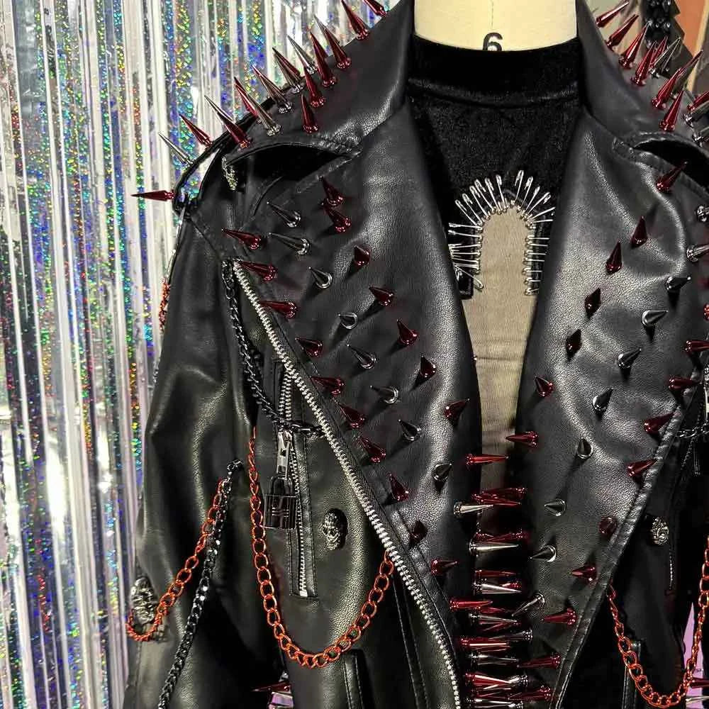 Punk Rock E-Girls Eco Goth Gothic Emo Grunge DIY Harajuku Y2K PU Leather Skull Studded Jacket Vintage Hand Made Studded Rivet