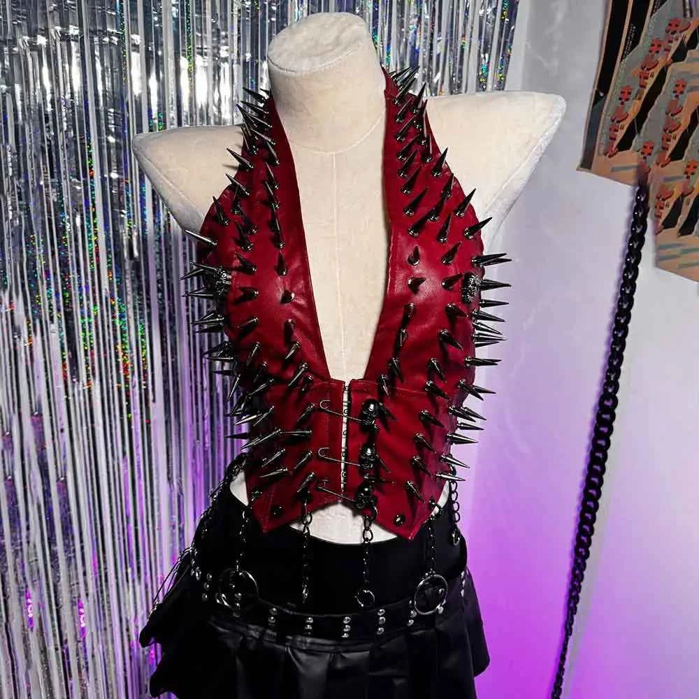 Emo Spike Studded Rivet PU Leather Halter T-shirt