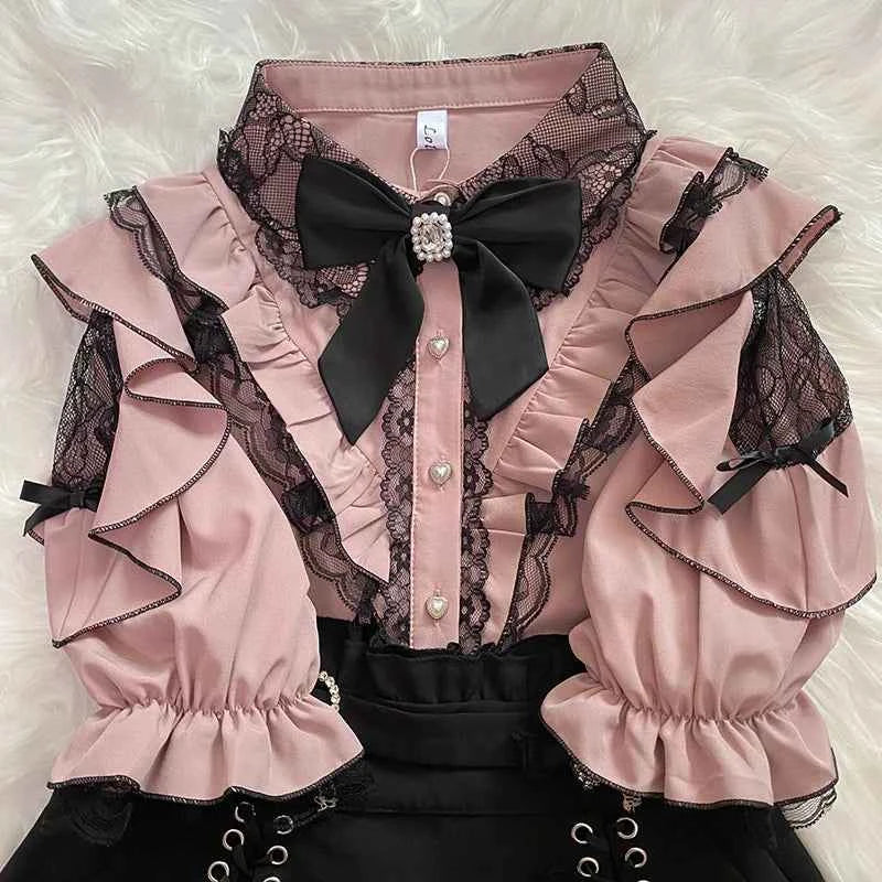 Kawaii Women Shirts Jirai Kei Lolita Y2K Cute Japanese Style Blouse Elegant Long Sleeve Sweet Tops Casual Aesthetic Shirt 2024