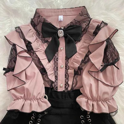 Kawaii Women Shirts Jirai Kei Lolita Y2K Cute Japanese Style Blouse Elegant Long Sleeve Sweet Tops Casual Aesthetic Shirt 2024