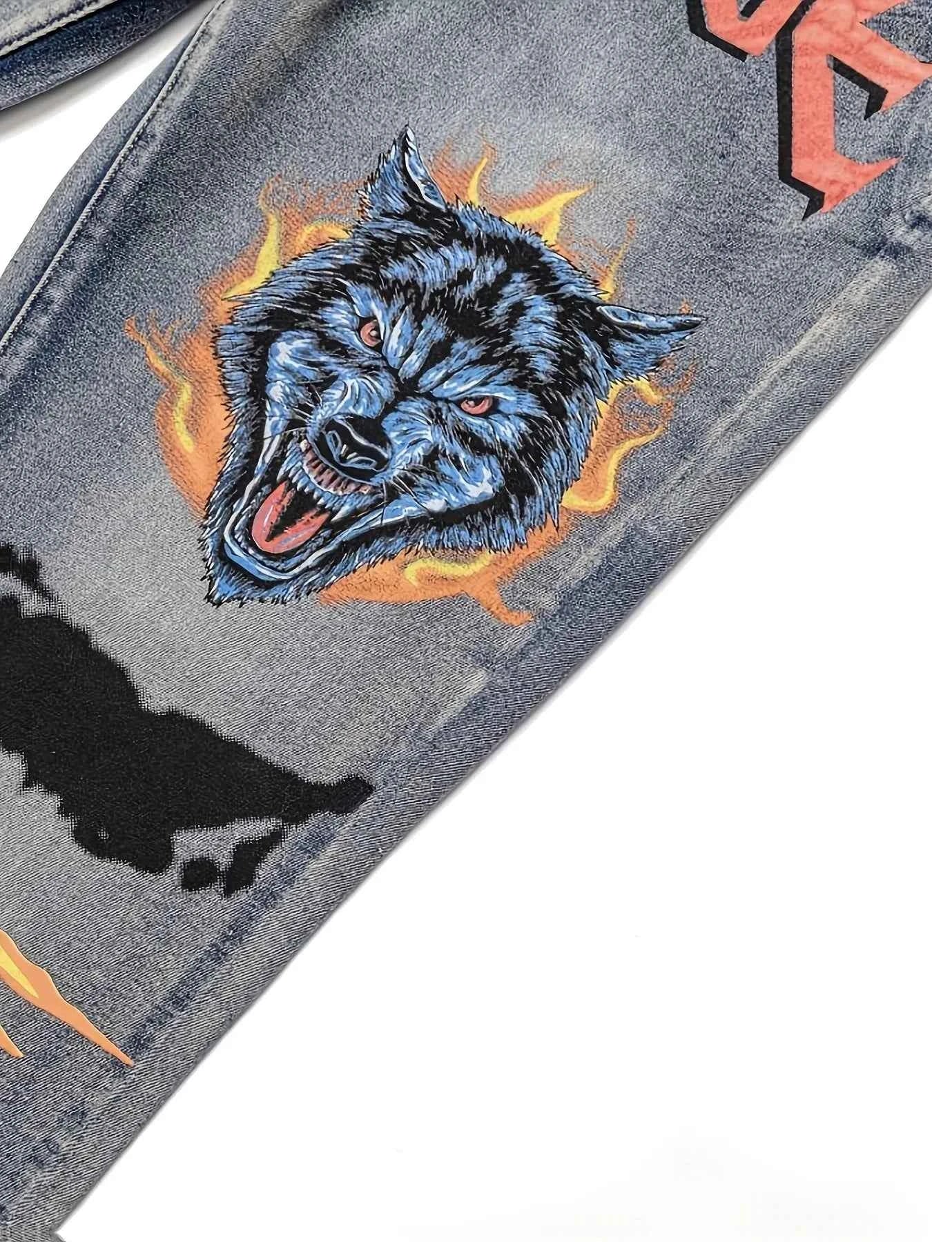 New M4 Wolf Head Flame Print Y2K Full Sweep Retro Trend Straight Jeans