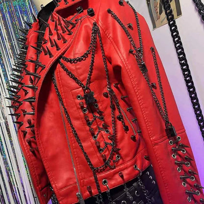 Club Wear Spike Studded Rivet Coat E-Girls Punk Rock Goth Emo Gothic Y2K Pu leather Jacket Harajuku Grunge Chain Zipper
