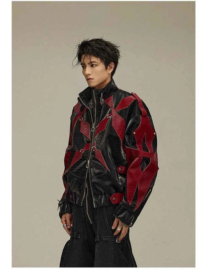 Mauroicardi Spring Autumn Cool Handsome Crocodile Print Patchwork Pu Leather Jacket Men Color Block Luxury Designer Clothes 2024