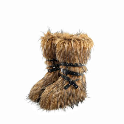 Ladies Faux Fur Knee High Wedge Platform Boots Popular Brown Spice Girl Cross Belt Buckle Winter New Snow Boots For Women