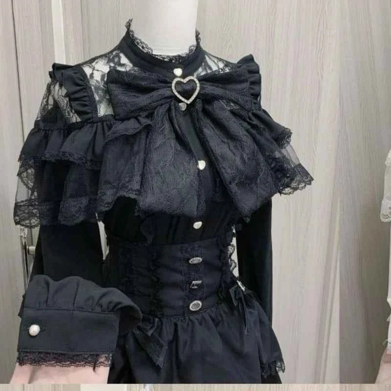 Japanese Kawaii Lolita Lace Patchwork Blouses Summer Women Harajuku Single Breasted Sweet Shirts Summer Girly JK Bow Tops Blusas