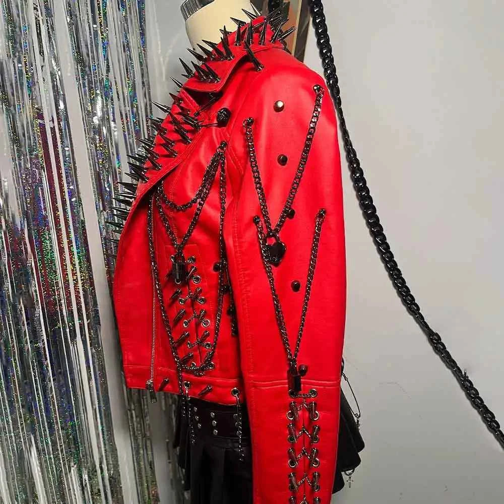Club Wear Spike Studded Rivet Coat E-Girls Punk Rock Goth Emo Gothic Y2K Pu leather Jacket Harajuku Grunge Chain Zipper