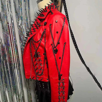 Club Wear Spike Studded Rivet Coat E-Girls Punk Rock Goth Emo Gothic Y2K Pu leather Jacket Harajuku Grunge Chain Zipper