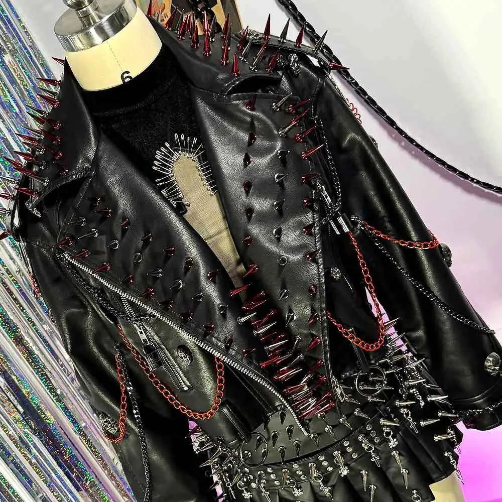 Punk Rock E-Girls Eco Goth Gothic Emo Grunge DIY Harajuku Y2K PU Leather Skull Studded Jacket Vintage Hand Made Studded Rivet