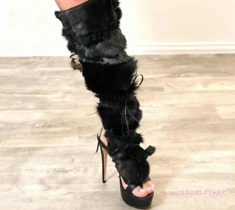 Long Plush Tassel Black Fur Sandals Women Fringe Cross Straps Boots Wrap Patchwork Thighs Sexy Platform Girls Cool Party Shoes
