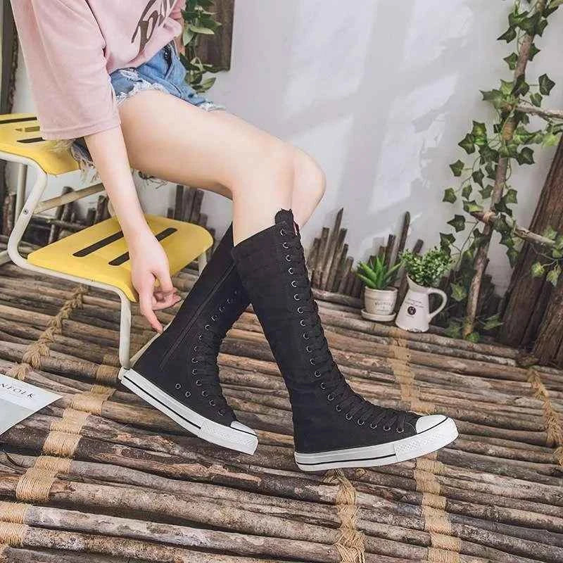 2025 New High Top Canvas Shoes for Women's Korean Edition Long Boot Lace-Up Zipper Comfortable Boot Zapatos De Mujer Tendencia