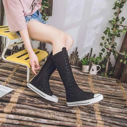 2025 New High Top Canvas Shoes for Women's Korean Edition Long Boot Lace-Up Zipper Comfortable Boot Zapatos De Mujer Tendencia