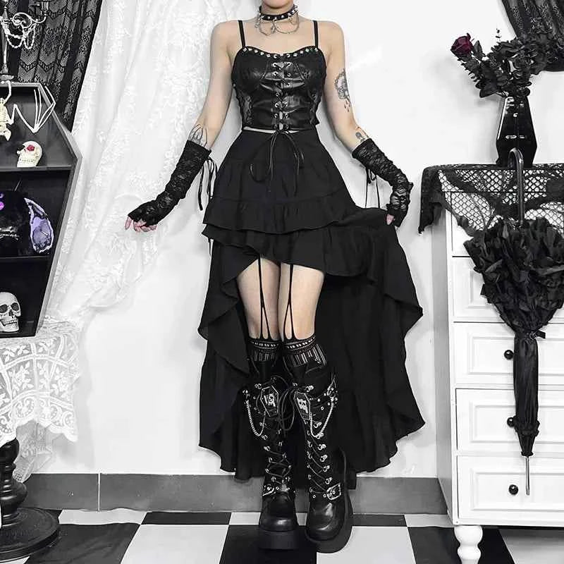 Goth Dark Kawaii Black Tiered Skirts 90S Retro Irregular Hem Party Bottoms Mall Gothic Women Fashion Dragging Skirt Alt Clothing