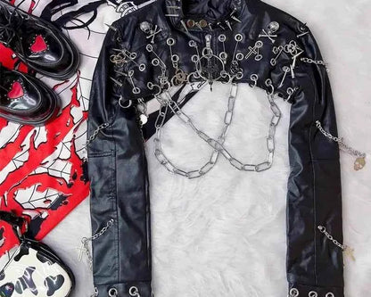 Harajuku Women Gothic Lolita Streetwear Y2K Girl Steampunk Rock and roll  Spike Trim Crop Tops Rivet Metal Chain pu Blazer coat