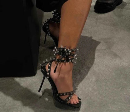 Punk Style Spikes Ankle Strap Stilettos Square Open Toe Thin High Heels Party Shoes Women's Streetwear Evening Trending Sandals