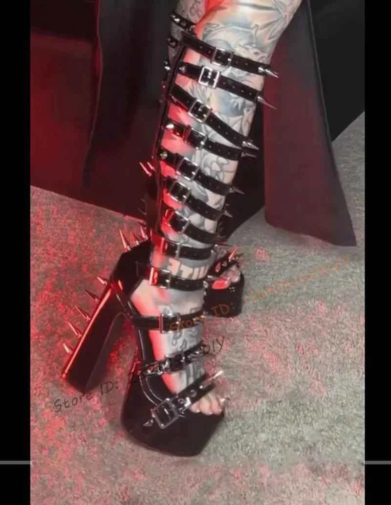 Block Chunky Heeled Spiky Belt Hollow Out Knee Length Punk Gladiator Summer Boots Women Black Leather Stud Long Sandal Boot